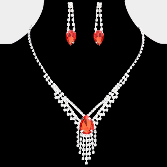 Red Silver Droplet Fringe Rhinestone Crystal Necklace Jewelry Formal Black Tie - Picture 8 of 8